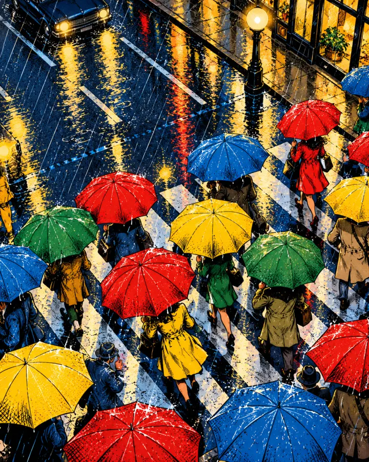 Four-Color panel: a crowd of red, yellow, green and blue umbrellas crossing a rainy street at night.