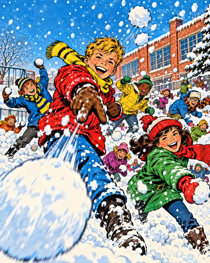 Four-Color panel: kids mid snowball fight outside a brick schoolhouse.
