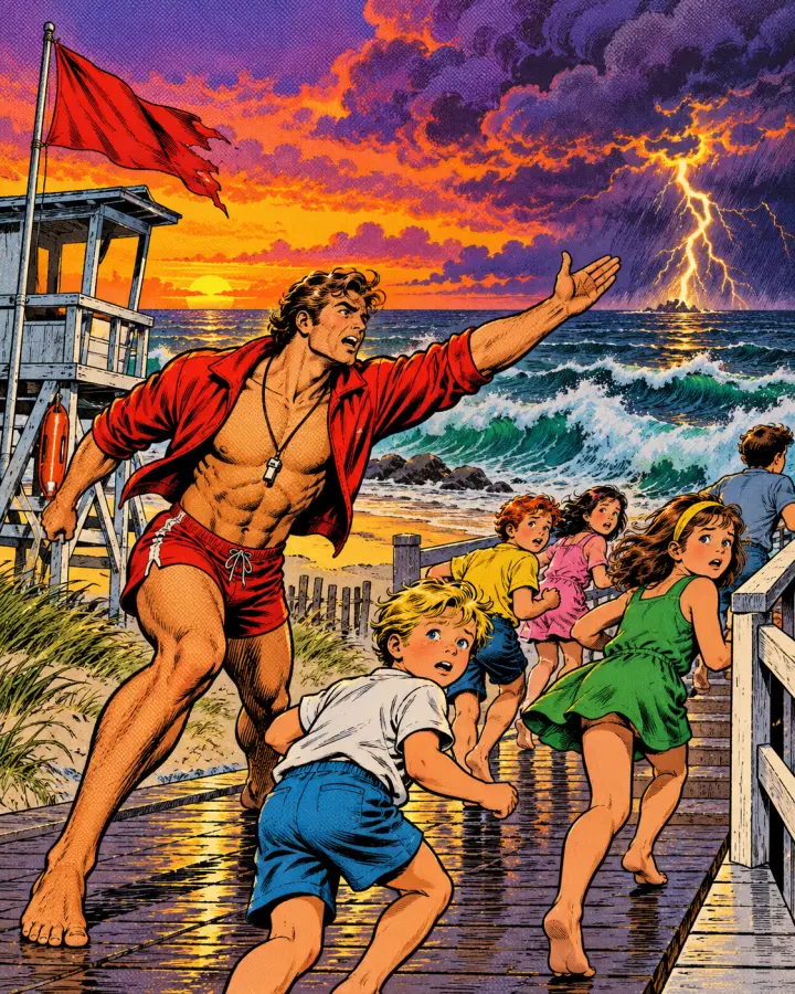Four-Color panel: a lifeguard waves kids off the boardwalk as lightning strikes the sea at dusk.