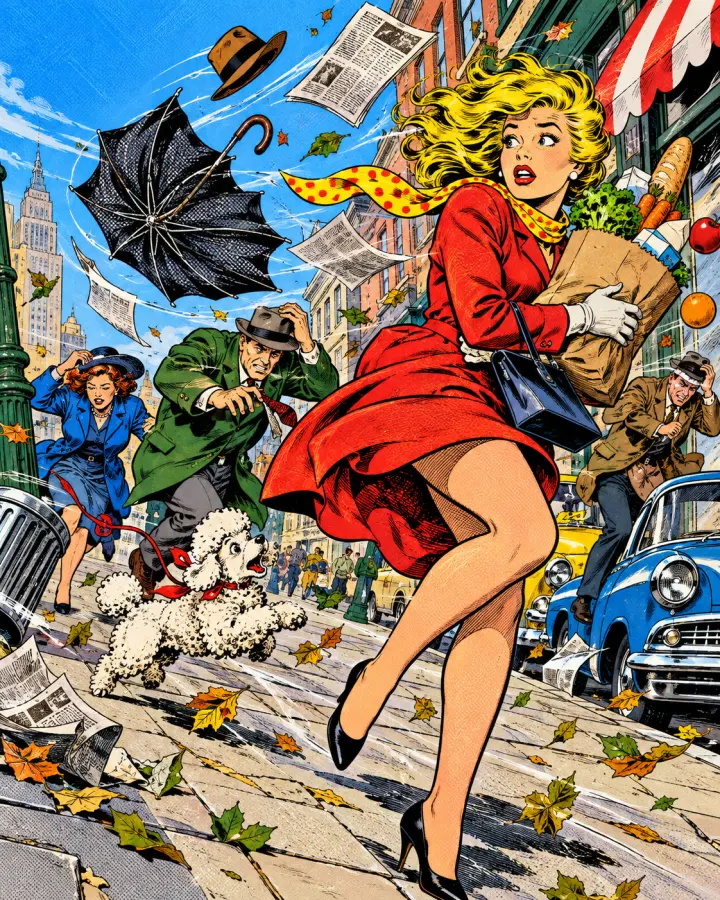 Four-Color panel: a gust flips an umbrella inside out while a woman in red clutches her groceries on a busy street.