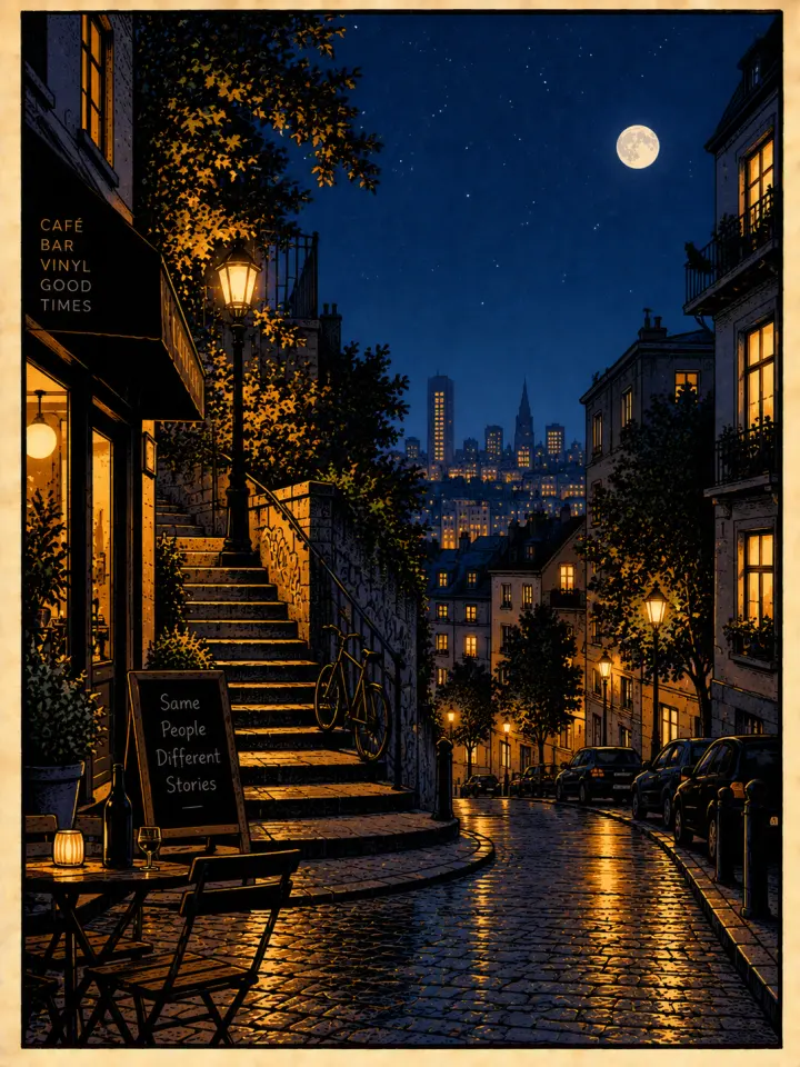 Midnight City: lamplit stone steps climbing toward a moonlit skyline, inked in noir hatching.