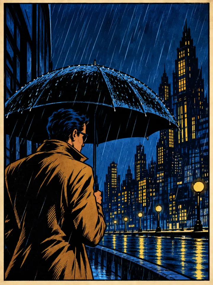Midnight City panel: a man in a trench coat under an umbrella, looking out at a rain-soaked skyline.
