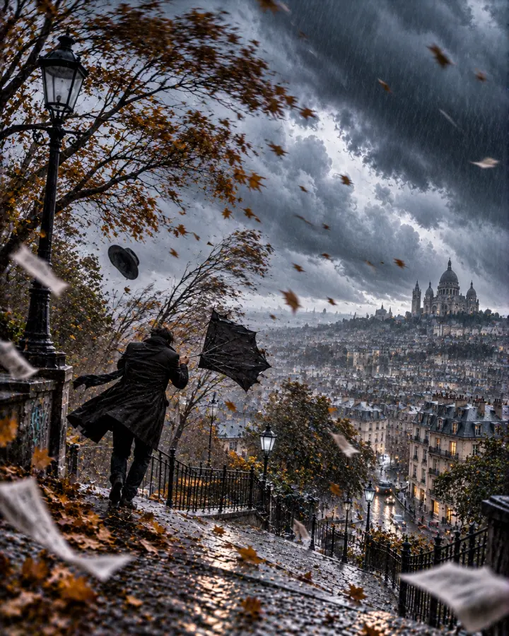 Midnight City panel: a figure in a long coat leans into the wind on a hill above the city as papers fly.